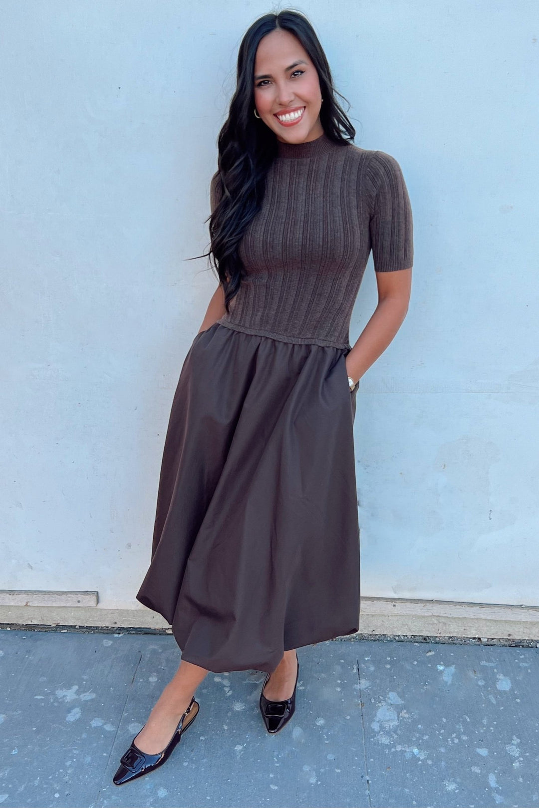 knee length dresses for ladies Astr the Label Caerlion Contrast Knit Midi Dress – Apricot Lane Boutique