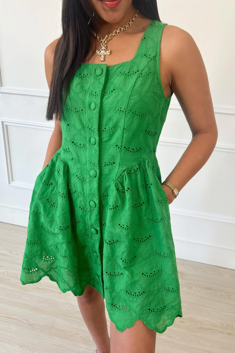 j crew green eyelet dress J.Crew Green Cotton Eyelet Button-Down Dress