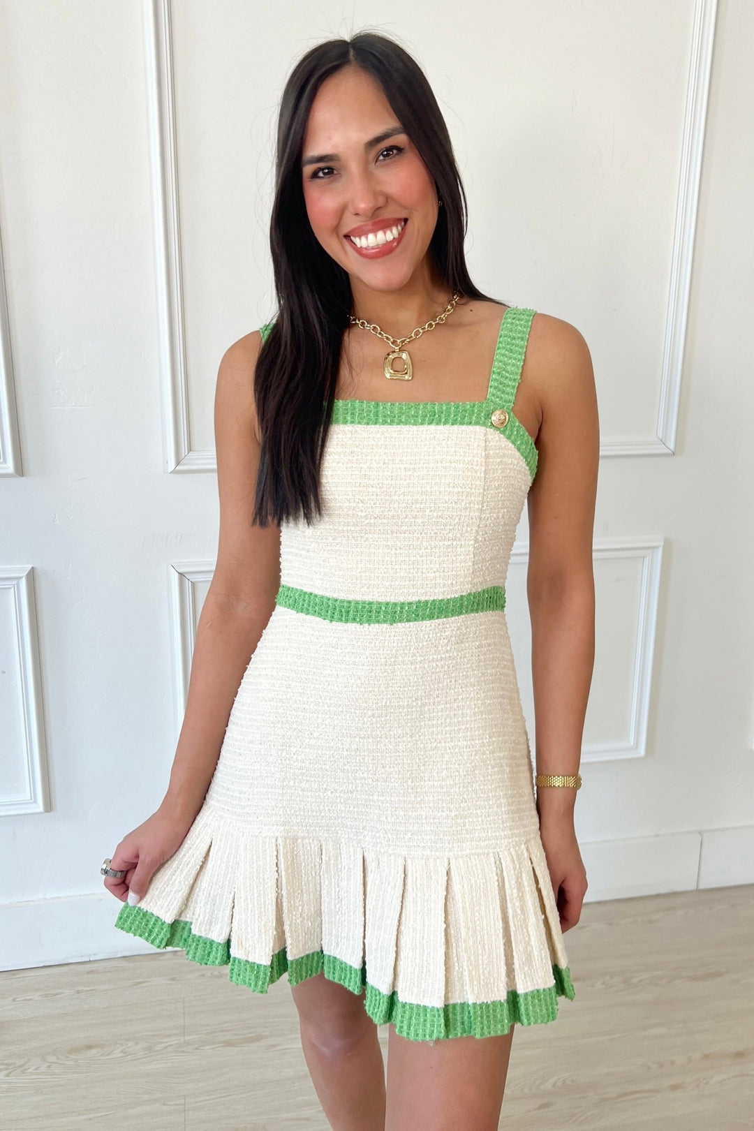 green tweed mini dress Dreamy Evenings Tweed Mini Dress L / green