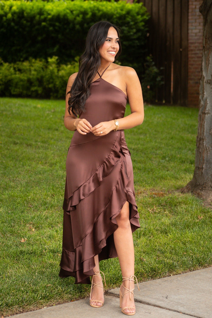 long purple halter dress Zapakasa Women Prom Dress with Slit Sparkly Purple Halter A Line Formal  Dress with Pleated main image 0