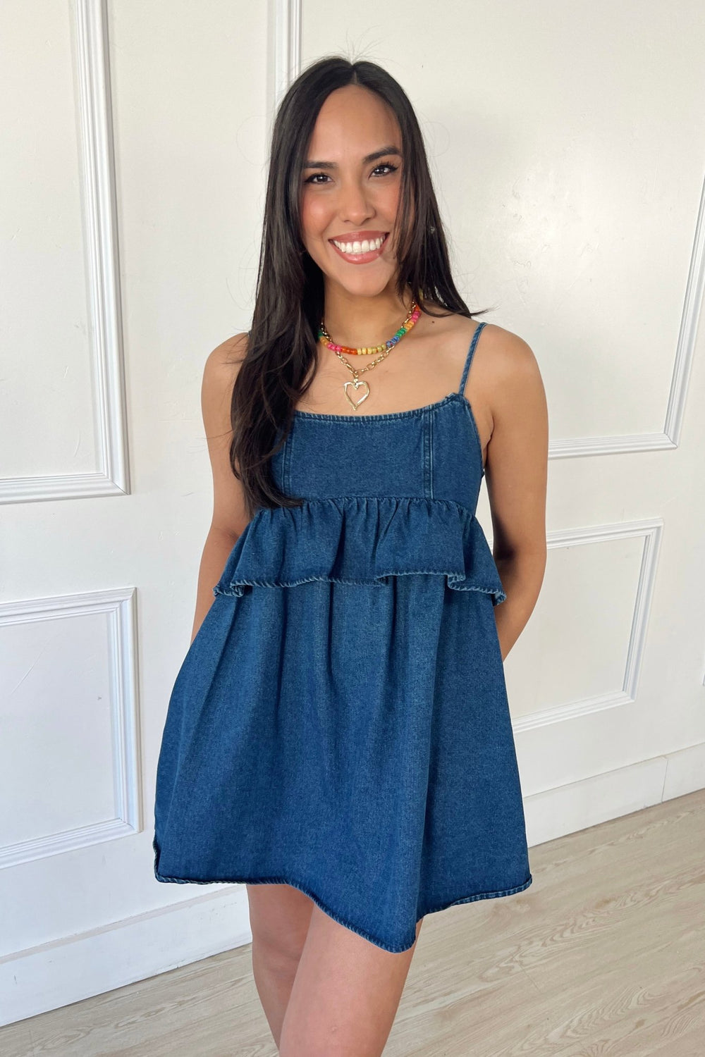 apricot denim dress Cotton Blend Crochet Floral Denim Mini Dress