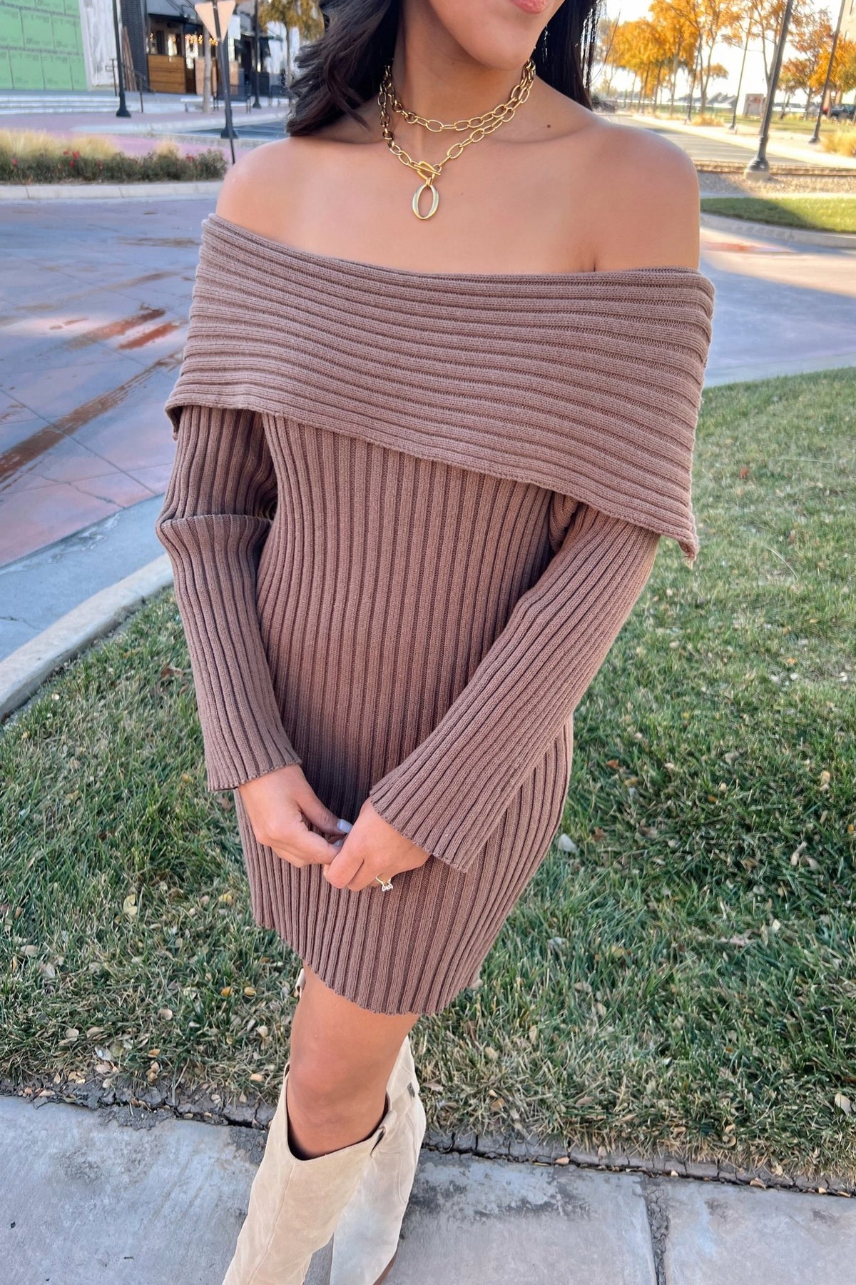 The Willow Brown Off Shoulder Sweater Dress – Apricot Lane Boutique