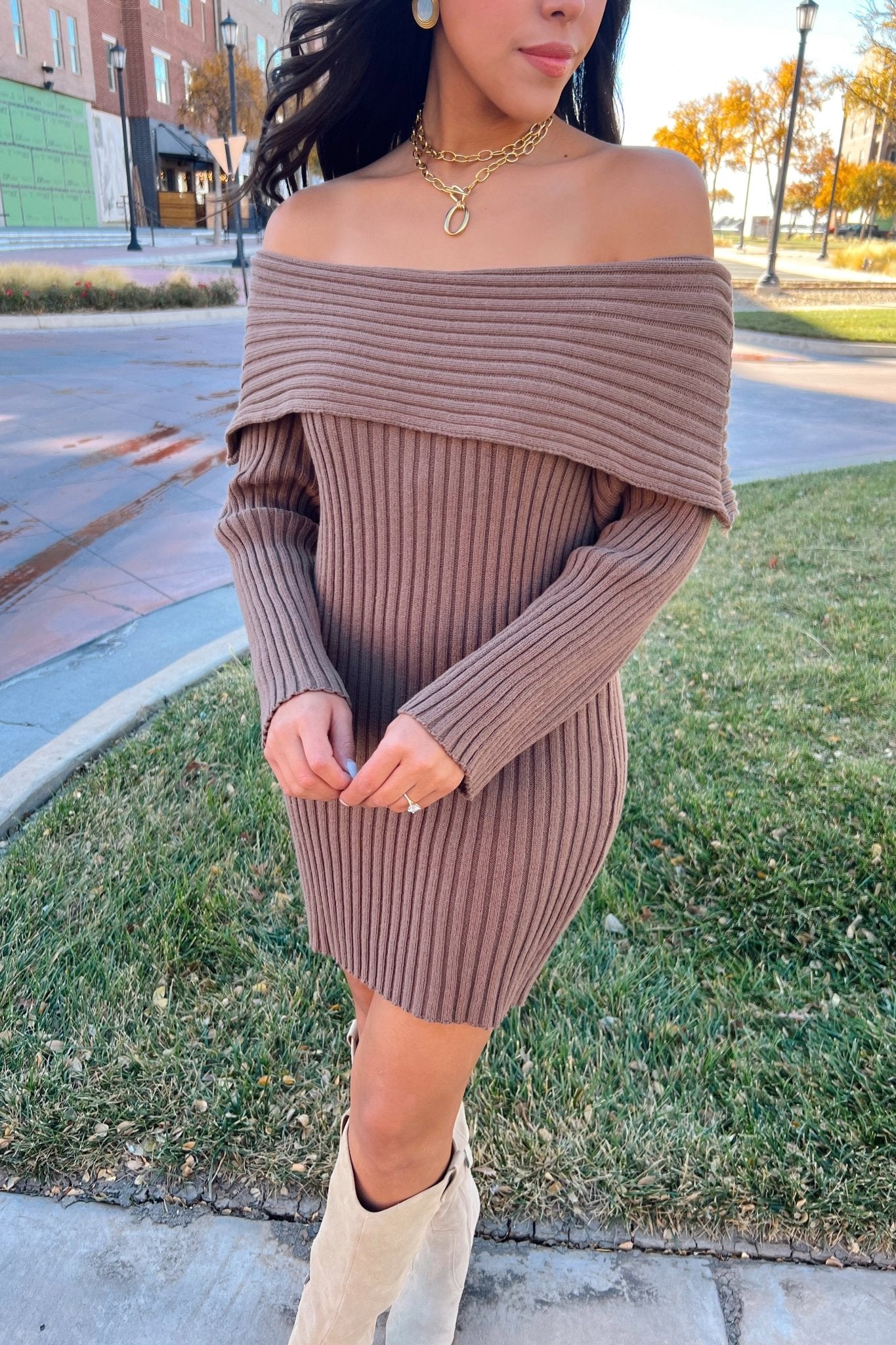 The Willow Brown Off Shoulder Sweater Dress - Apricot Lane Boutique - Peoria